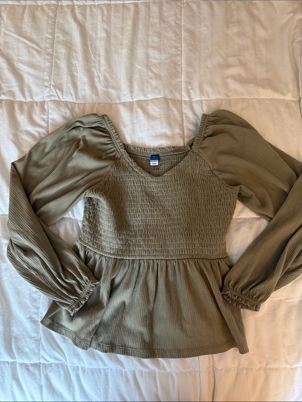 Old Navy Olive Peplum Smocked Long-Sleeve Top